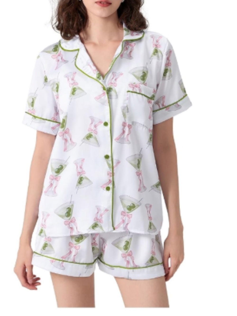 Martini Print Short Pajama Set - White & Green